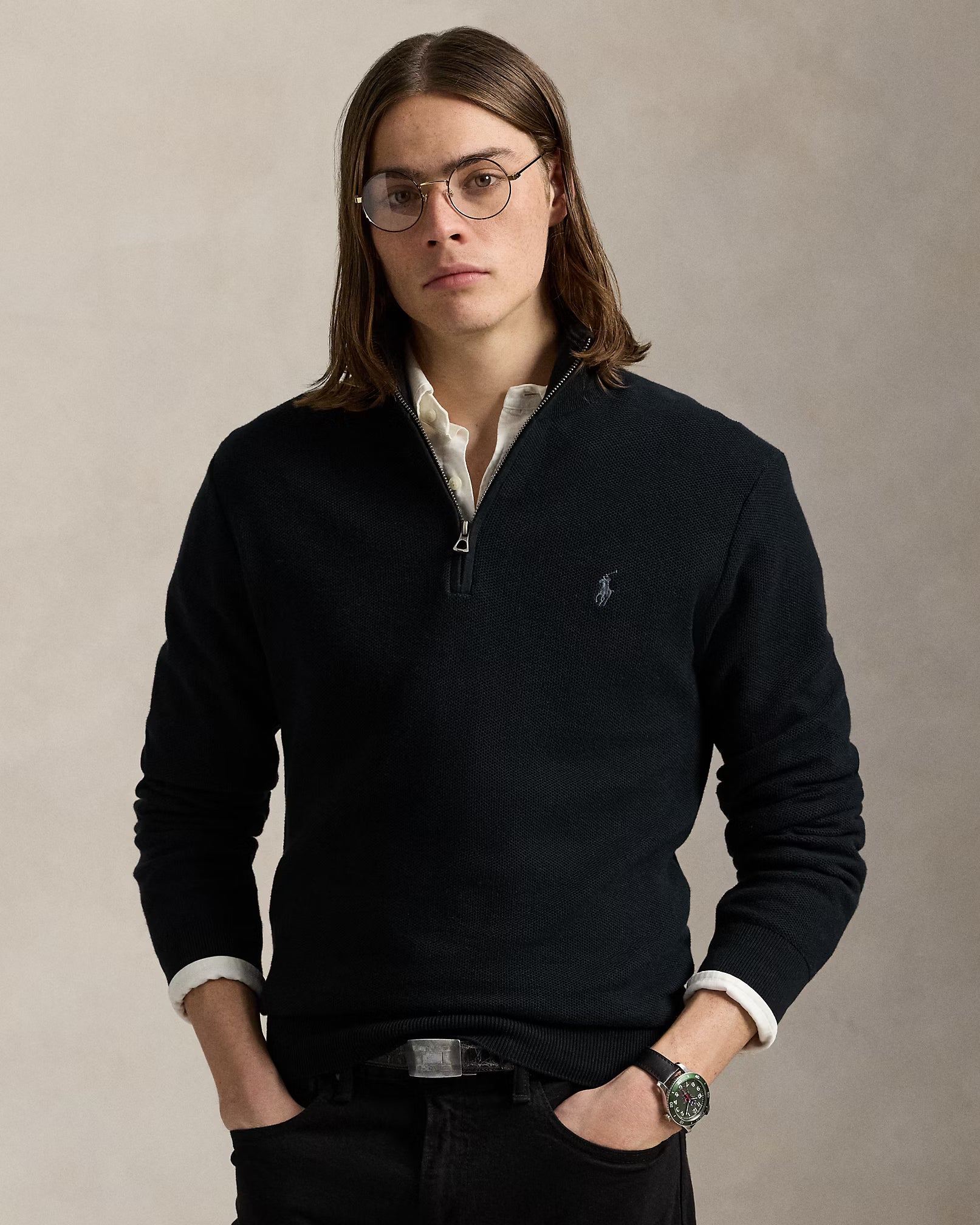Baumwollstrickpullover mit Viertelreißverschluss