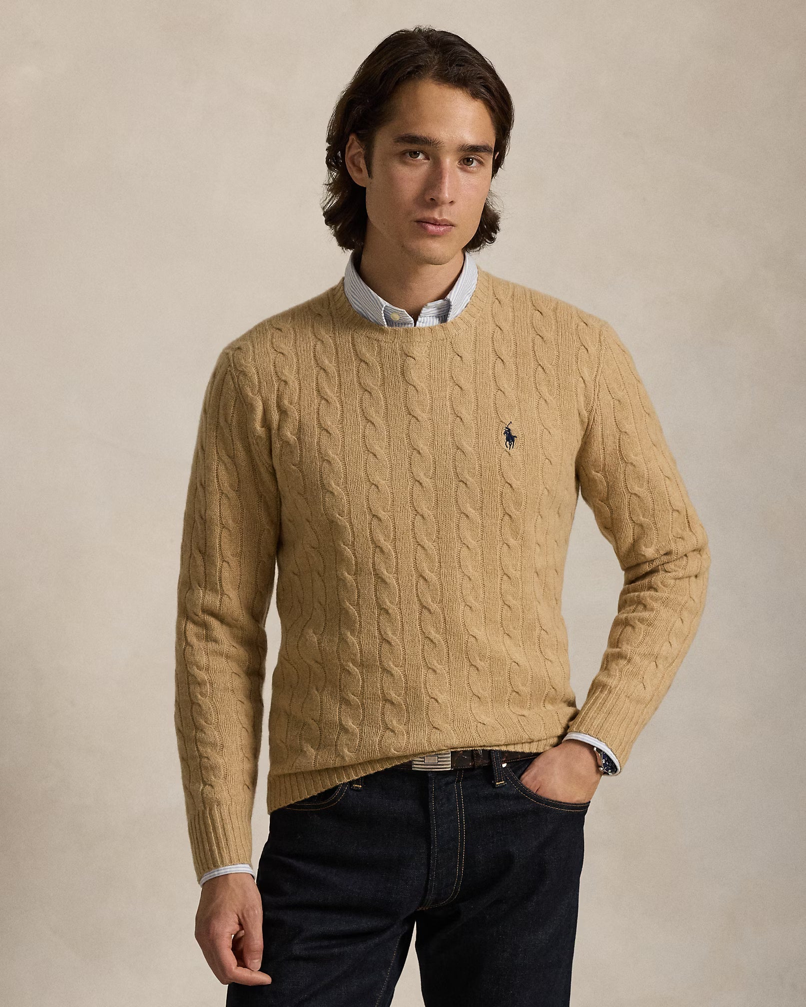 Uld- og cashmere-striktrøje med kabelmønster