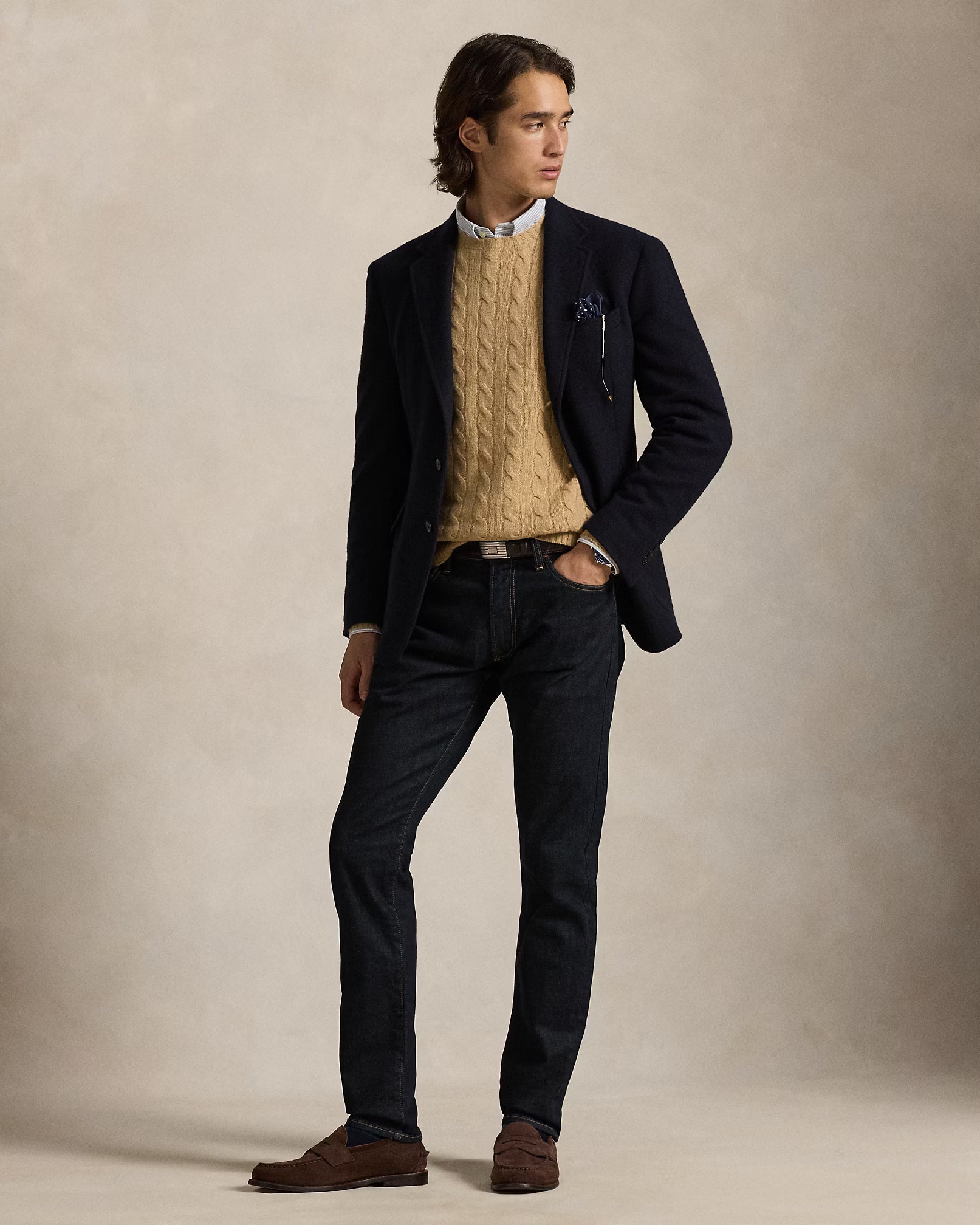 Uld- og cashmere-striktrøje med kabelmønster