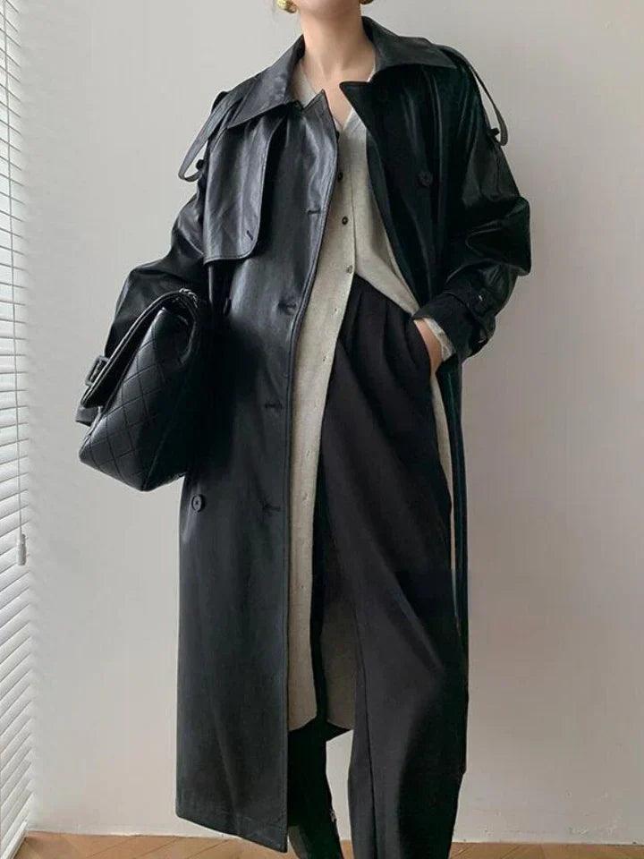 Leder-Trenchcoat - stilvoller langer Damenmantel